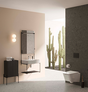 Bathroom setting with VitrA Equal products including toilet and washbasin with integrated towel holder